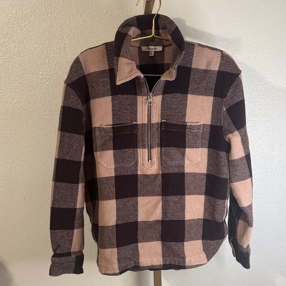 Madewell Women's brown and cream Checkered 1/4 zip